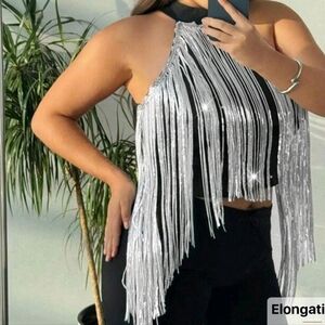 Silver Fringe Halter Top